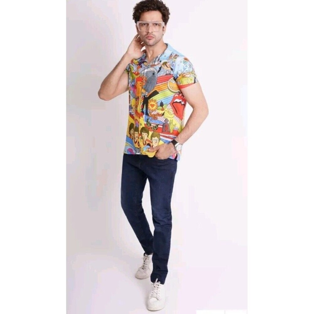 Leisure Club Button Up Shirt Men XS Novelty Print Pop Culture Pikachu Colorful